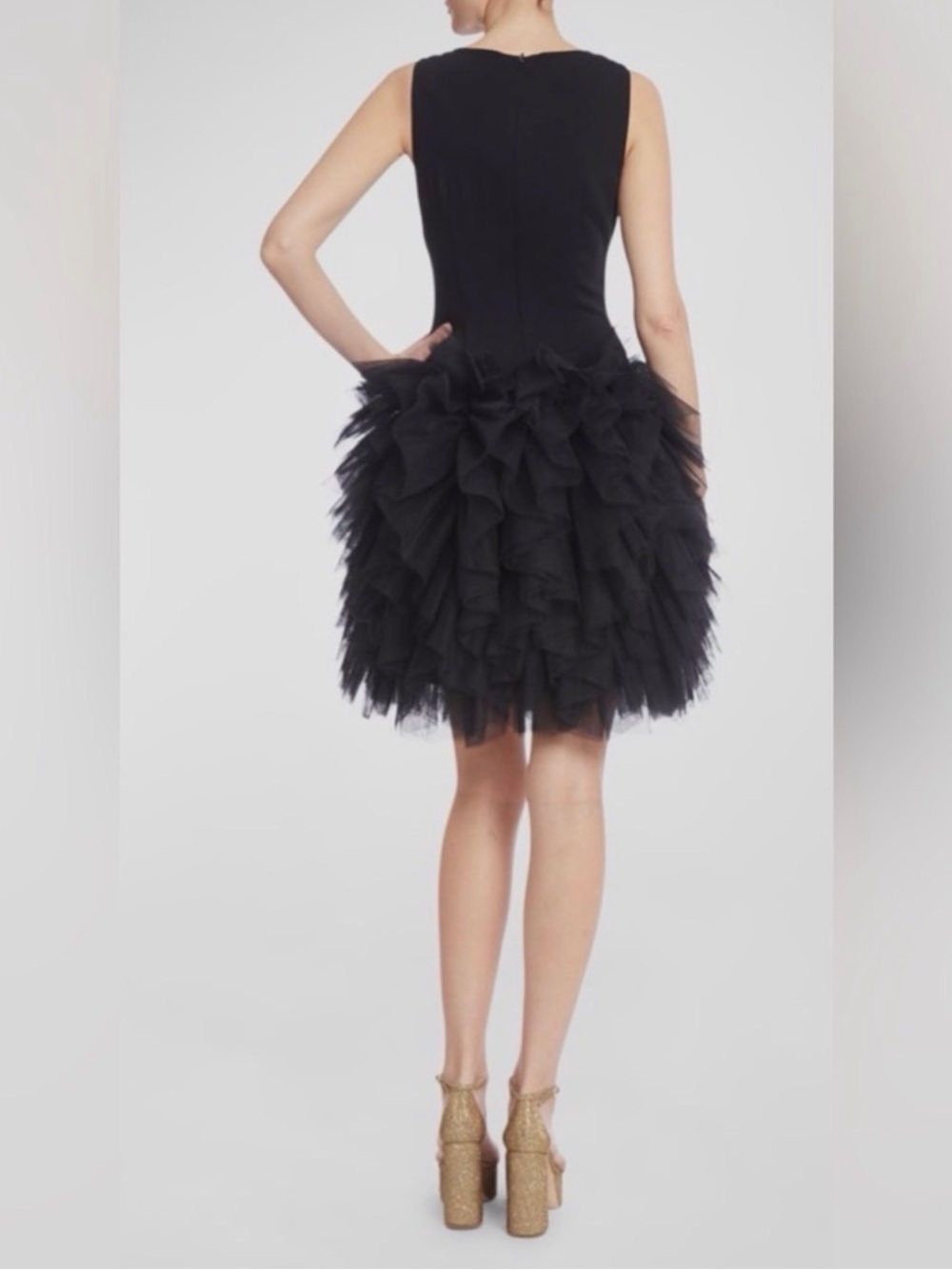 Badgley Mischka Black Ruffled Tulle Cocktail Dress Sz 8 NWOT